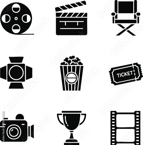 Movie industry icon set in black silhouette