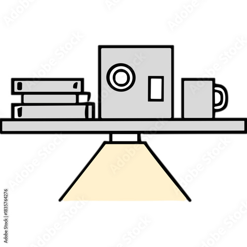 Minimalist Illustration of Stacked Books a Projector and a Mug on a Shelf with a Warm Light Below