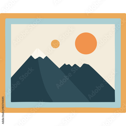 Minimalist Landscape Painting Featuring Teal Mountains Orange Sun and Snowy Peaks Inside a Painted Frame with Light Blue Matting and Orange Border