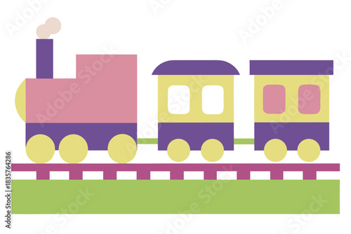Train Made of Colorful Shapes on Tracks With Green Ground