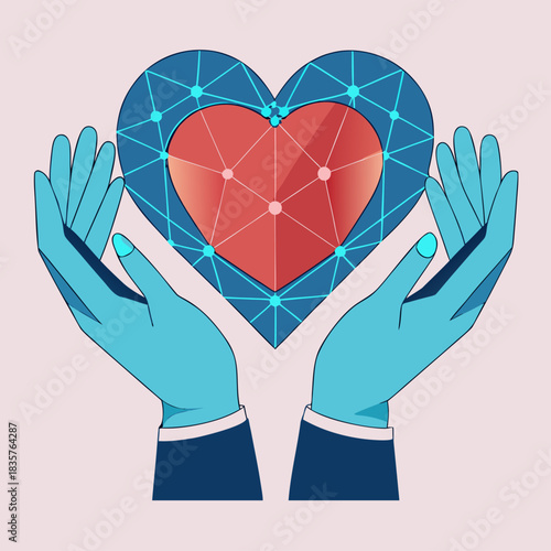 Hands Holding a Digital Heart Symbol on a Light Background