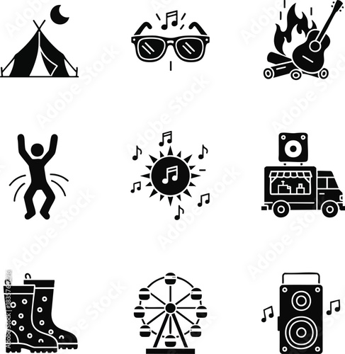 Music festival black glyph icons set featuring camping, sun, music, dancing, and carnival rides