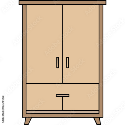 Minimalist Light Brown Two Door Wardrobe with Single Drawer and Black Handles Set on Four Angled Legs Against a Black Background
