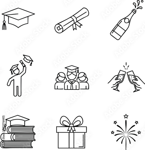 Outline-style illustration showing graduation icons: mortarboard, diploma, champagne, students, books, gift, fireworks