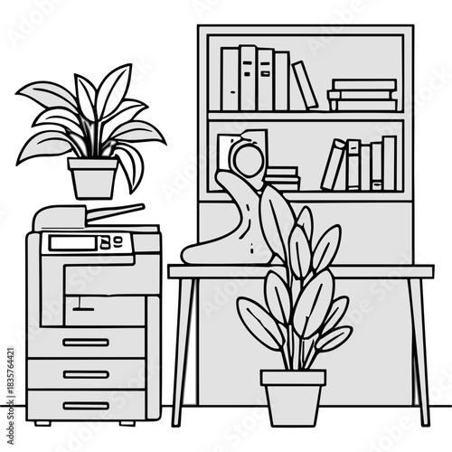 Minimalist Office Interior Scene With Desk Bookshelf Printer And Potted Plants In Black And White Tone