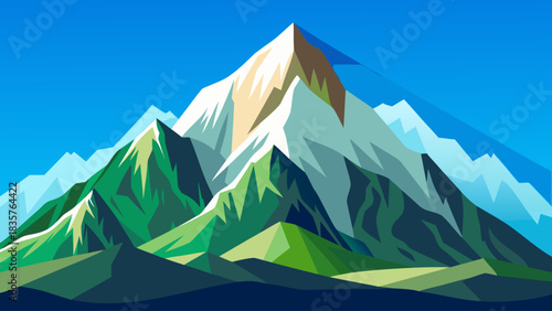 Mountain Landscape With Snow and Green Slopes Under Blue Sky