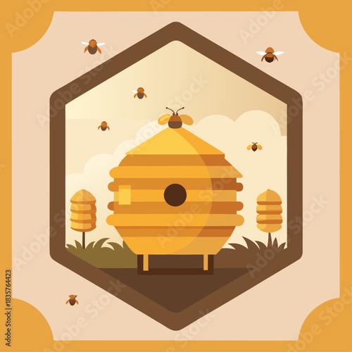 Beekeeping Activity in a Garden With Bee Hives and Flying Bees