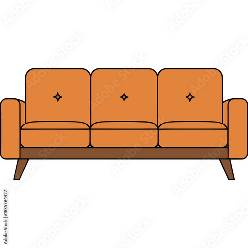 Minimalist Orange Three-Seater Sofa with Wood Legs and Diamond Tufting Detailed Flat Vector Illustration