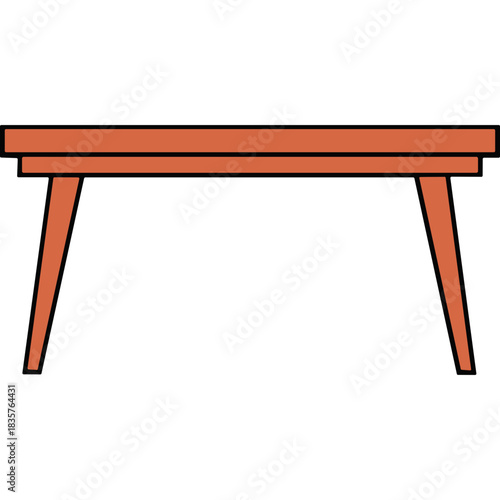 Minimalist orange wooden table with four tapered legs on a black background, clean design, isolated object, vector illustration