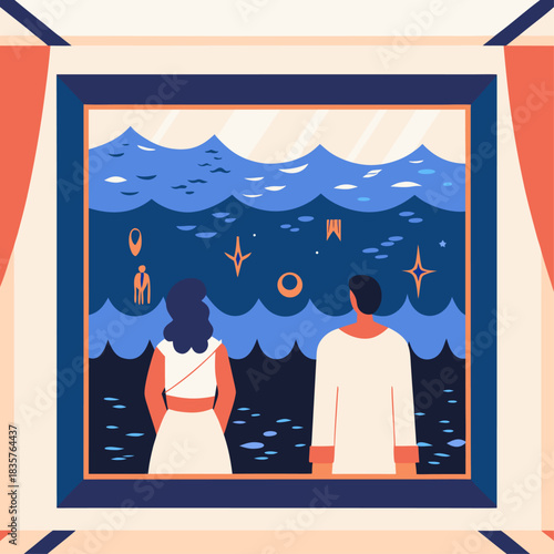 Couple Looks out at Ocean View From Window in Evening