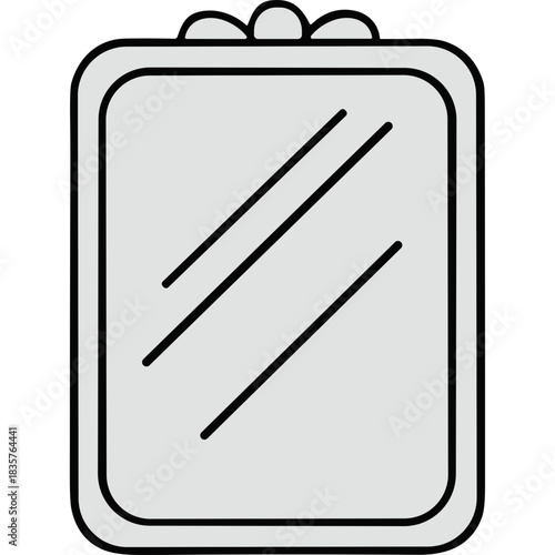 Minimalist Outline Of A Rectangular Mirror With A Thin Frame And Three Rounded Embellishments At The Top On A Black Background