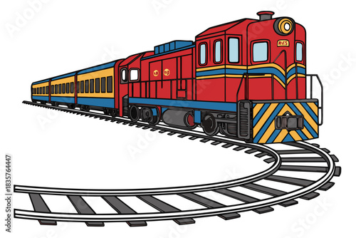 Colorful Train Moves on Curved Track in Bright Setting