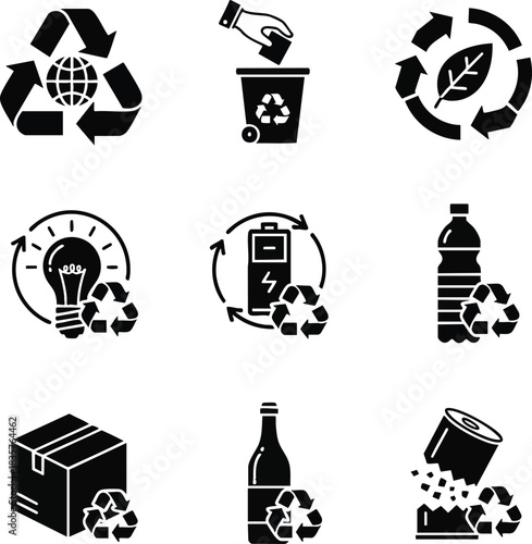 Recycling vector icon set showing different materials and concepts. Black and white minimalist style