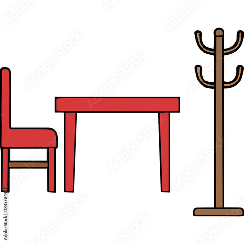 Minimalist Red Chair and Table with Wooden Coat Rack on Black Background Simple Geometric Furniture Arrangement Clean Lines and Flat Design