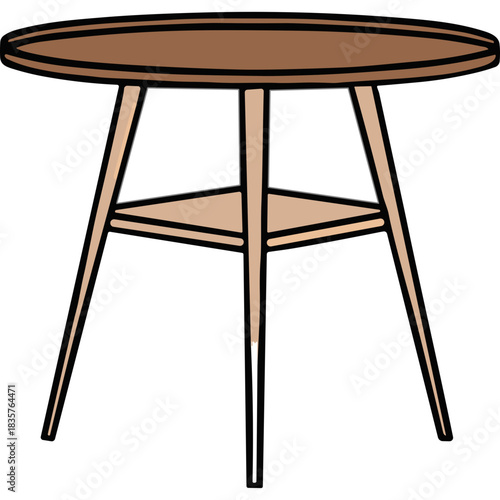 Minimalist Tall Round Wooden Table With Three Legs And A Central Support Structure In A Simple Brown And Tan Color Palette Against A Black Background