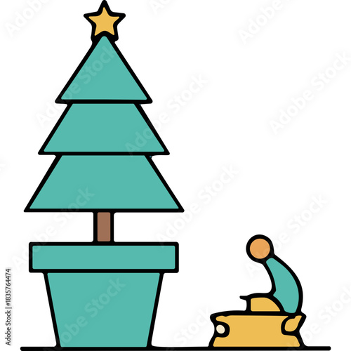 Minimalist Teal Christmas Tree in a Pot With a Cute Yellow Creature Wearing a Santa Hat on a Black Background Festive Holiday Season Celebration