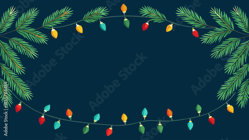 Decorative Lights and Pine Branches on Dark Background