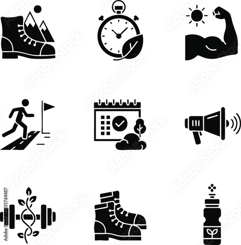 Set of black and white icons representing healthy outdoor activities, fitness goals, hiking, and nature-focused training concepts