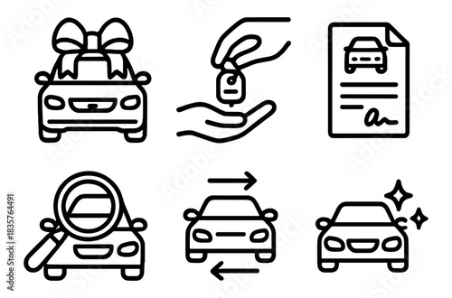Car sale and service icons showing new car, hand with keys, contract, inspection, trade-in and clean car