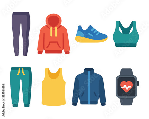 Sportswear flat icons with leggings, hoodie, sneakers, bra, joggers, tank top, jacket and smartwatch