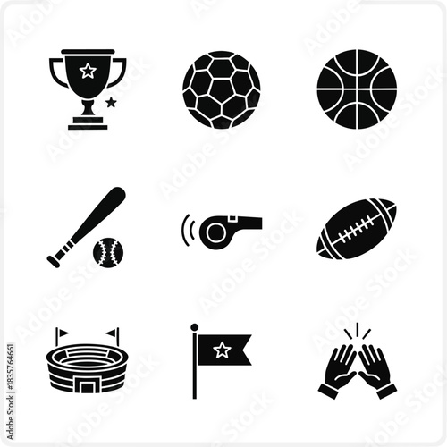 Set of black sports icons including a trophy, various balls, a whistle, stadium, and clapping hands, perfect for competition design