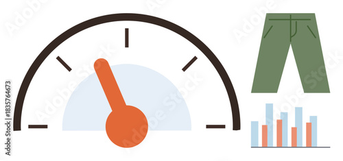 Gauge measuring level, green pants indicating fashion, bar chart displaying analytics. Ideal for satisfaction, performance, progress, data visualization, clothing trends, surveys simple flat