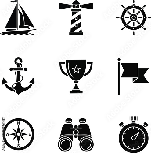 Set of nautical and sailing icons including a sailboat, lighthouse, ship wheel, anchor, trophy, flag, compass, binoculars, and stopwatch