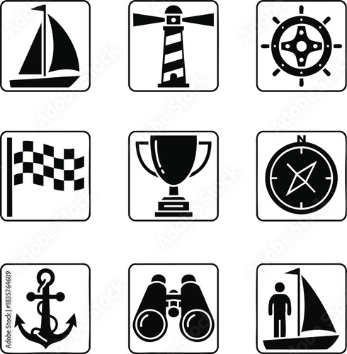 Set of nine black and white sailing and nautical icons. Includes sailboat, lighthouse, anchor, compass, and trophy for a regatta or competition