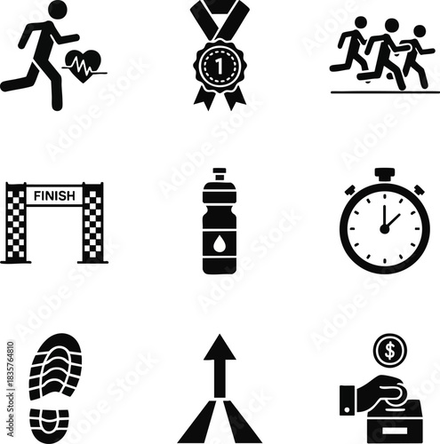 Sleek black silhouette vector icons for running, fitness, and sports. Includes a runner, finish line, medal, stopwatch, and hydration symbols