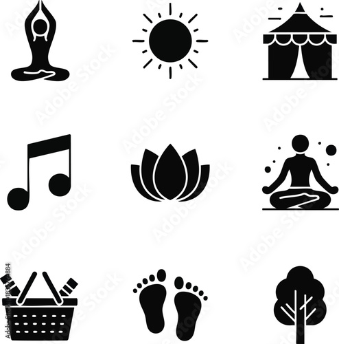 Vector icon set for wellness, outdoor festivals, and relaxation. Features yoga poses, sun, music, lotus, tent, tree, and a picnic basket