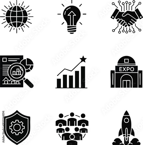 Versatile black glyph icons for business and technology