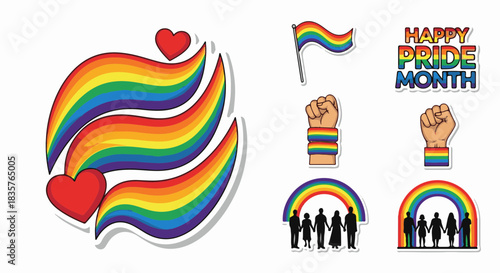 Vibrant collection of diverse rainbow flag elements and people celebrating equality during Pride Month celebrations