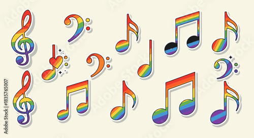 Vibrant musical notes in rainbow colors celebrating global Pride Month with harmony and unity