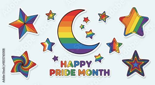 Vibrant rainbow moon and stars celebrate diversity and inclusion during joyful Pride Month festivities