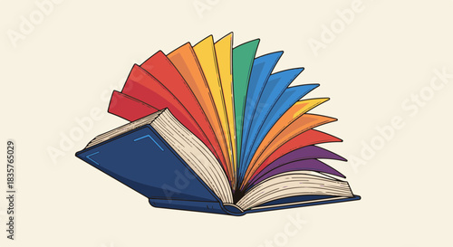 Vibrant open book with rainbow pages, celebrating education, diversity, and inclusion for Pride Month