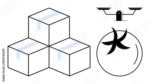 Logistics, security, storage, transportation, monitoring solutions, warehouse management. Stacked boxes, a surveillance camera and a ventilation fan. Logistics and security concept