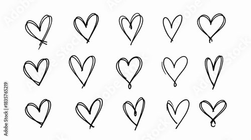 Collection of hand drawn hearts scattered on white surface symbolizing love and affection in simple doodle style.