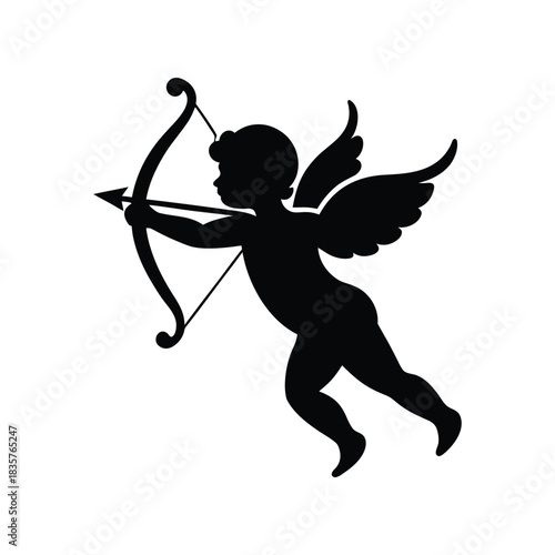 Elegant black silhouette of Cupid, the mythological Roman god of love, aiming his bow and arrow. A classic symbol of romance and affection for Valentine's Day