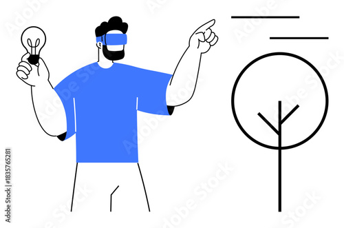 Person wearing VR headset holding a light bulb and gesturing towards minimalist tree graphic. Ideal for technology, innovation, creativity, virtual reality, futuristic concepts, sustainability