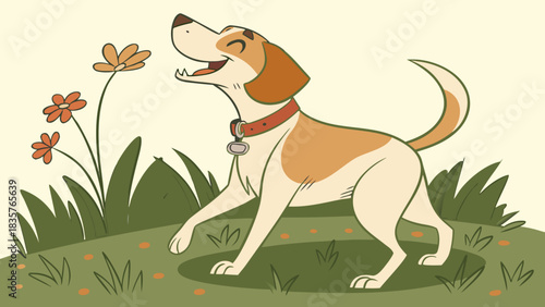 Dog Enjoys Walking in the Garden With Flowers Around Him