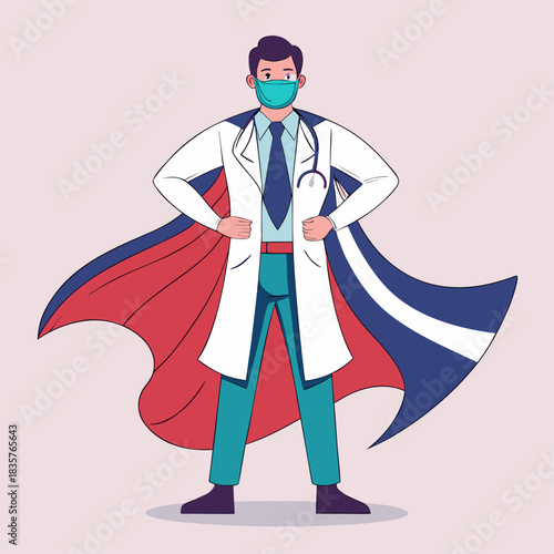 Doctor With Cape Standing Confidently in a Bright Setting