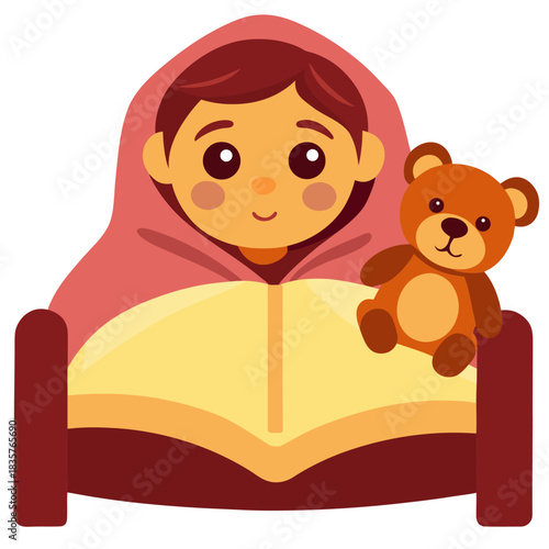 Child With Teddy Bear Sitting in Bed Under Blanket