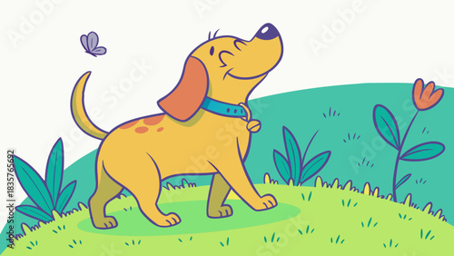 Happy Dog Walking in a Field With a Butterfly Nearby