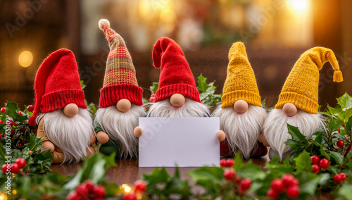 Cute Christmas Gnome Decorations Holding Blank Card with Festive Holiday Background