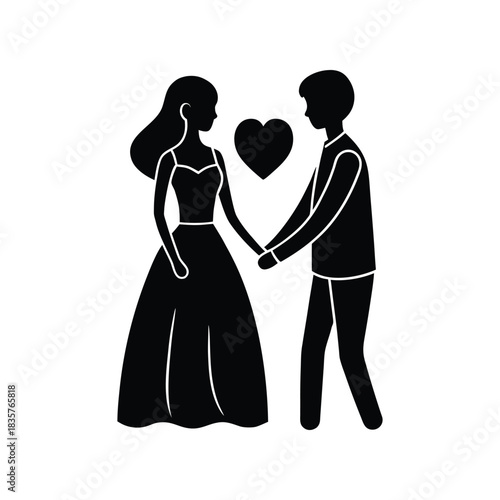 Elegant Silhouette of a Bride and Groom Holding Hands with Heart Symbol, Ideal for Wedding Invitations or Romantic Card Designs