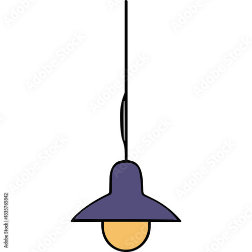 Hanging Pendant Light Fixture With A Purple Lampshade And A Yellow Bulb Illuminated Against A Black Background