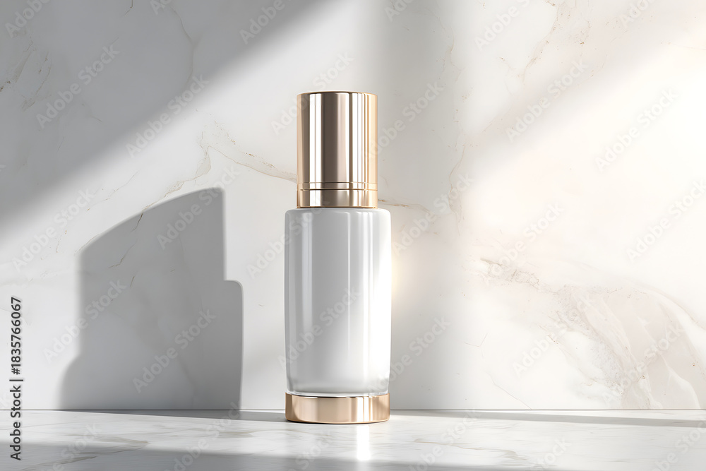 Naklejka premium Elegant skincare bottle displayed on a marble surface in soft natural light