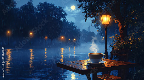 Rainy Night Coffee by the Lakeside – Cinematic Moody Scene