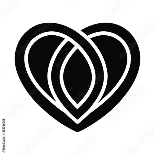A minimalist black vector icon of a heart made from two interlocking infinite loops, symbolizing eternal love, unity, and deep connection. A clean and modern graphic design emblem