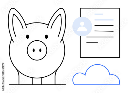 Financial management, data security, online storage, cloud technology, personal accounts, digital savings. Outline of a piggy bank, document cloud and profile symbol. Financial management and data